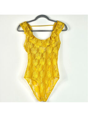 Bleuh Ciel Lace Bodysuit Yellow Sz M Floral Pattern Ruffle Neckline/Arm Openings
